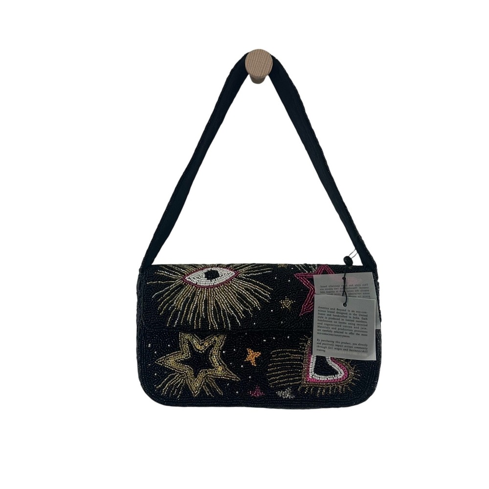America & Beyond Beaded Celestial Eye Star Heart Shoulder Bag Black Gold NEW